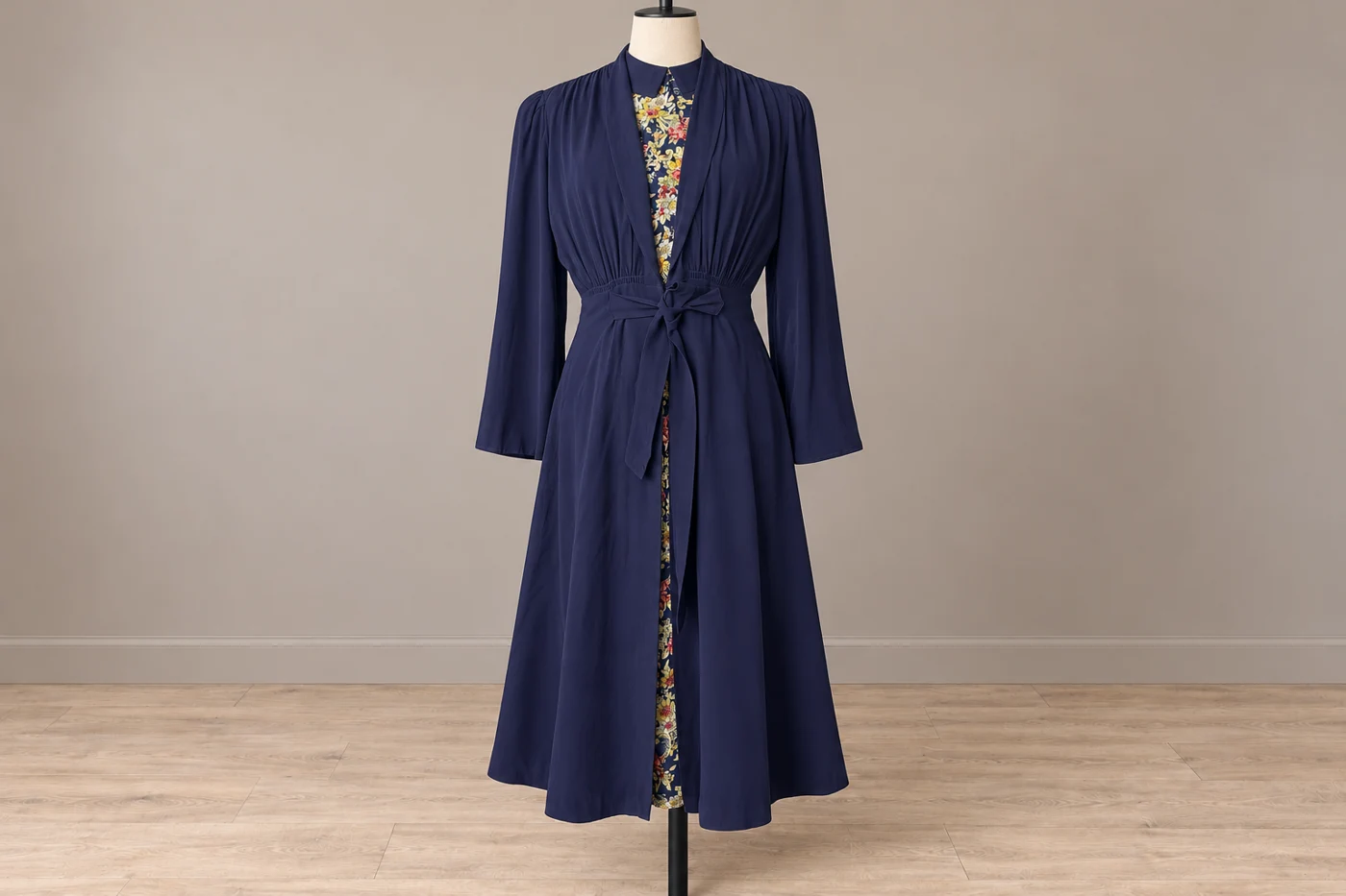 The restored navy outer layer and floral dress ensemble on a mannequin